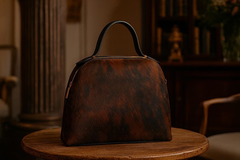Pode incluir: Uma mala castanha e preta estampada, com uma al&ccedil;a preta e z&iacute;per dourado. A mala est&aacute; em cima de uma mesa redonda de madeira. A mala tem uma forma estruturada e um topo curvo.