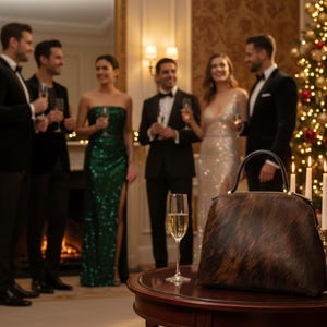 Pode incluir: Uma mala com padr&atilde;o castanho e preto com uma al&ccedil;a preta est&aacute; em cima de uma mesa redonda de madeira. A mala est&aacute; em frente a um grupo de pessoas em trajes formais, com uma &aacute;rvore de Natal ao fundo. Um copo de champanhe est&aacute; na mesa.
