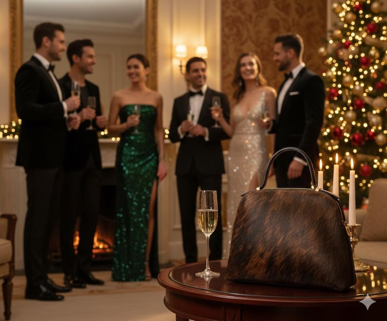 Pode incluir: Uma mala com padr&atilde;o castanho e preto com uma al&ccedil;a preta est&aacute; em cima de uma mesa redonda de madeira. A mala est&aacute; em frente a um grupo de pessoas em trajes formais, com uma &aacute;rvore de Natal ao fundo. Um copo de champanhe est&aacute; na mesa.