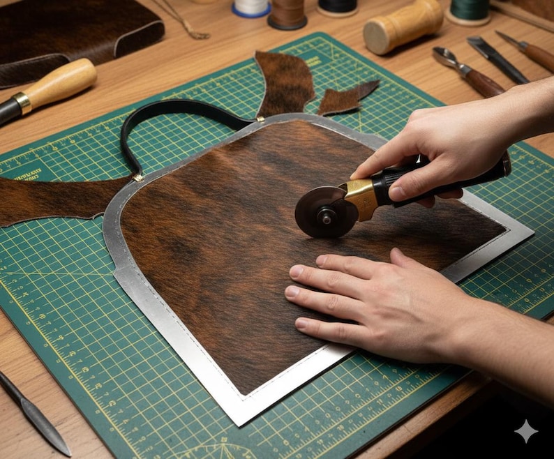 Pode incluir: Um artes&atilde;o usa um cortador rotativo para aparar uma bolsa de couro de vaca castanha e preta. A bolsa tem uma al&ccedil;a preta e uma moldura de metal prateado. O trabalho &eacute; feito em uma esteira de corte verde com ferramentas de couro.