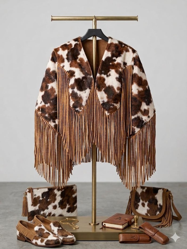 May include: A cow print jacket with long brown fringe, a matching rectangular clutch, a small shoulder bag with fringe, loafers with cow print and brown fringe, a small notebook, and two brown leather cases on a gold display stand.