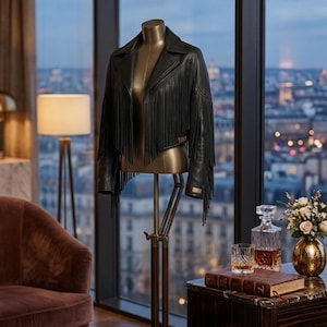 Fringe Leather Coat, Black Long Jacket with Western Lapels