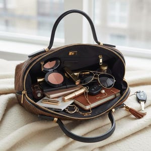 Pode incluir: Bolsa marrom e preta aberta com al&ccedil;as pretas e z&iacute;per dourado. A bolsa cont&eacute;m maquiagem, &oacute;culos de sol, um pequeno caderno, chaves e outros itens pessoais. A bolsa est&aacute; em um cobertor creme.