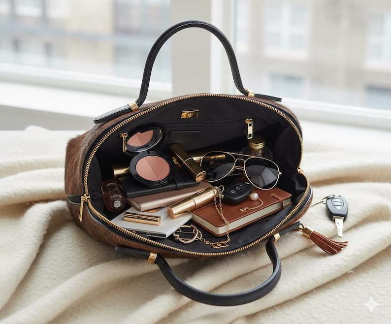 Pode incluir: Bolsa marrom e preta aberta com al&ccedil;as pretas e z&iacute;per dourado. A bolsa cont&eacute;m maquiagem, &oacute;culos de sol, um pequeno caderno, chaves e outros itens pessoais. A bolsa est&aacute; em um cobertor creme.