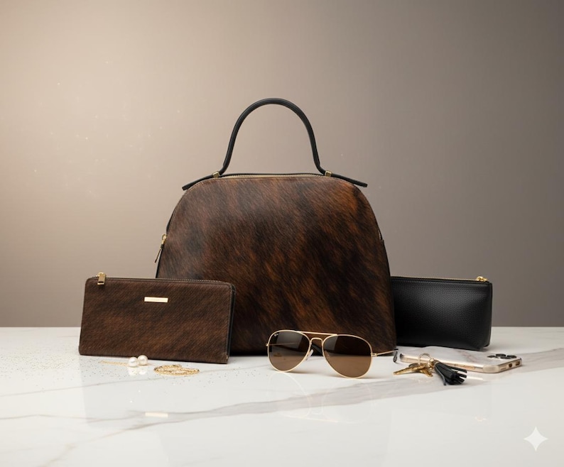 Pode incluir: Uma cole&ccedil;&atilde;o de acess&oacute;rios em couro de vaca castanho e preto, incluindo uma mala, uma carteira e uma pequena bolsa. &Oacute;culos de sol com arma&ccedil;&atilde;o dourada, chaves e um smartphone tamb&eacute;m est&atilde;o presentes. A mala tem uma al&ccedil;a preta.