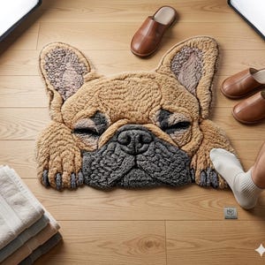 May include: A brown and grey rug in the shape of a French Bulldog's face. The rug has a textured appearance and is on a wooden floor. Brown leather slippers are nearby.