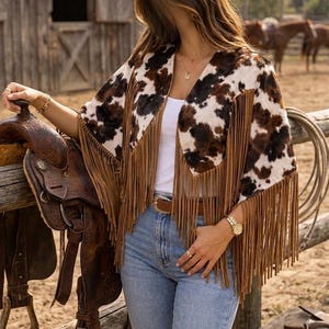 May include: A cow print poncho featuring long brown fringe trim along the edges. The garment is worn over a white top and light blue denim jeans with a brown leather belt. The poncho has a brown and white spotted pattern throughout.