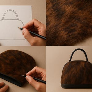Pode incluir: Uma imagem de quatro pain&eacute;is mostrando a cria&ccedil;&atilde;o de uma bolsa. O processo come&ccedil;a com um esbo&ccedil;o, seguido pelo material e, finalmente, o produto finalizado. A bolsa &eacute; marrom com detalhes em preto e uma al&ccedil;a superior.