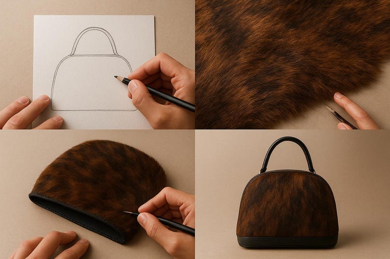 Pode incluir: Uma imagem de quatro pain&eacute;is mostrando a cria&ccedil;&atilde;o de uma bolsa. O processo come&ccedil;a com um esbo&ccedil;o, seguido pelo material e, finalmente, o produto finalizado. A bolsa &eacute; marrom com detalhes em preto e uma al&ccedil;a superior.