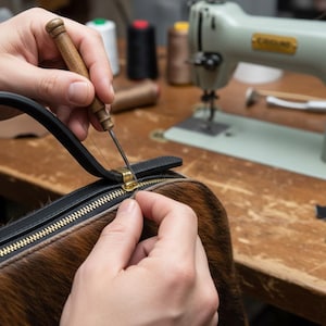 Pode incluir: Uma pessoa est&aacute; costurando &agrave; m&atilde;o uma bolsa de couro preta com um z&iacute;per marrom e dourado. A bolsa tem um exterior com estampa marrom e preta. Uma m&aacute;quina de costura e carret&eacute;is de linha est&atilde;o ao fundo.