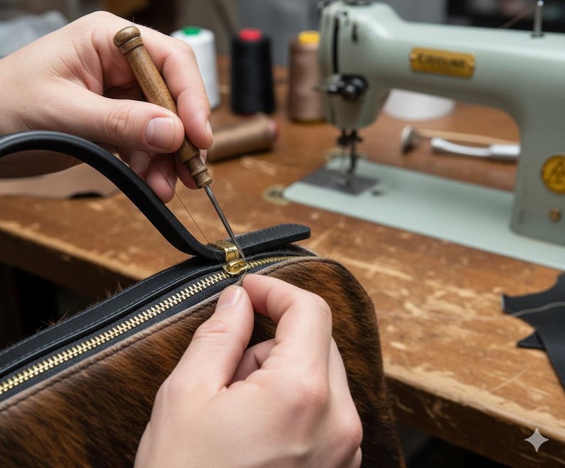 Pode incluir: Uma pessoa est&aacute; costurando &agrave; m&atilde;o uma bolsa de couro preta com um z&iacute;per marrom e dourado. A bolsa tem um exterior com estampa marrom e preta. Uma m&aacute;quina de costura e carret&eacute;is de linha est&atilde;o ao fundo.