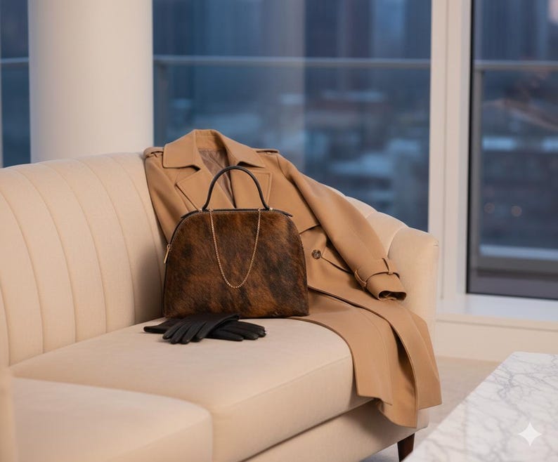Pode incluir: Um trench coat bege e uma mala com padr&atilde;o castanho e preto com uma al&ccedil;a de corrente dourada repousam num sof&aacute; creme. Luvas de couro pretas s&atilde;o colocadas por baixo da mala. A cena passa-se numa sala bem iluminada com vista para a cidade.