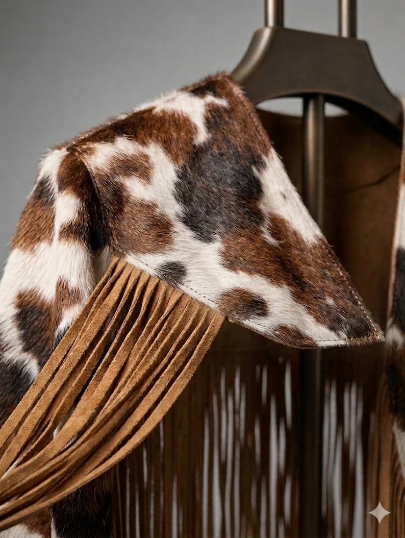 Detail shot of a Western fringe poncho featuring authentic cowhide print and long tan tassels. Close-up view of the high-quality stitching and texture of the faux fur cow print material. Perfect for boho western wear, rodeo outfits, and coastal cowboy fashion enthusiasts looking for high-quality craftsmanship.