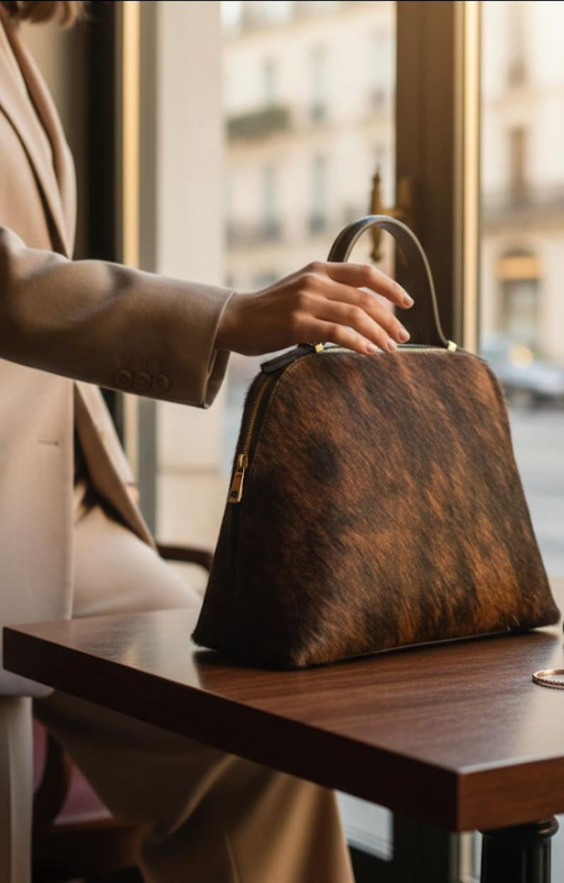 Pode incluir: Uma mala com padr&atilde;o castanho e preto com uma pega superior e fecho de correr dourado. A mala est&aacute; sobre uma mesa de madeira castanha escura. A mala tem uma forma estruturada e parece ser feita de um material texturizado.