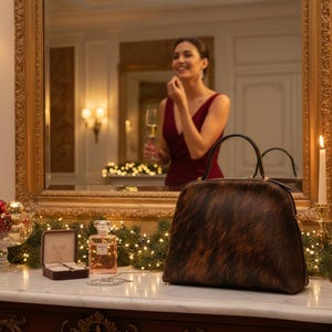 Pode incluir: Uma mala castanha e preta estampada com al&ccedil;as pretas est&aacute; sobre uma superf&iacute;cie de m&aacute;rmore. Uma caixa de joias, um frasco de perfume e uma tigela de vidro com enfeites vermelhos e dourados tamb&eacute;m est&atilde;o na superf&iacute;cie. Uma mulher de vestido vermelho se reflete no espelho.