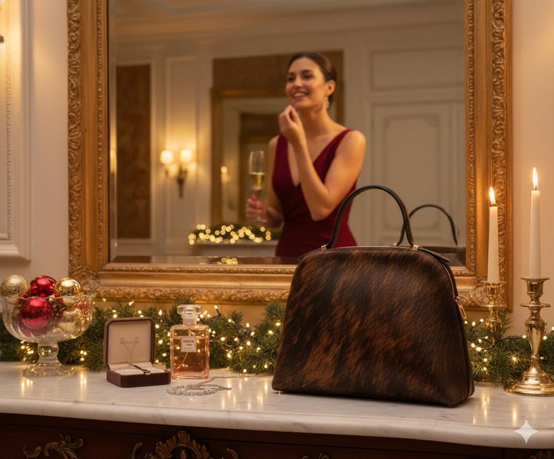 Pode incluir: Uma mala castanha e preta estampada com al&ccedil;as pretas est&aacute; sobre uma superf&iacute;cie de m&aacute;rmore. Uma caixa de joias, um frasco de perfume e uma tigela de vidro com enfeites vermelhos e dourados tamb&eacute;m est&atilde;o na superf&iacute;cie. Uma mulher de vestido vermelho se reflete no espelho.
