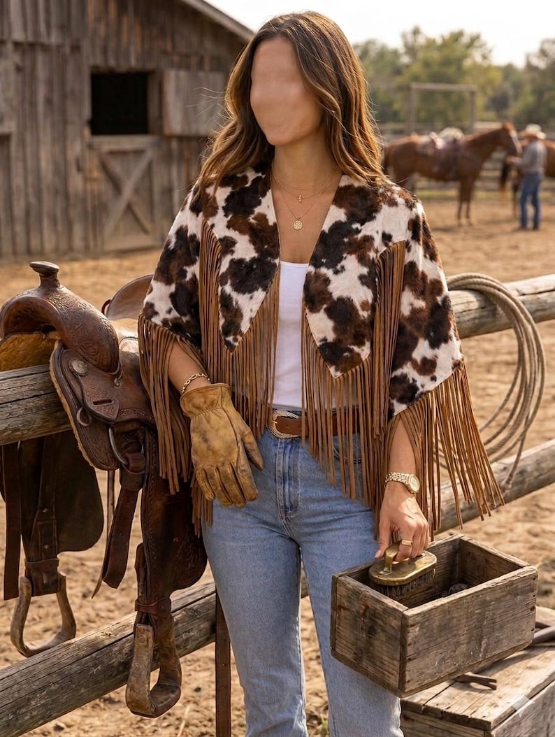 May include: A cow print jacket featuring long brown fringe along the hem and sleeves, worn over a white top and light blue jeans. The jacket has a brown and white spotted pattern, a wide collar, and is paired with a brown leather belt and tan gloves.