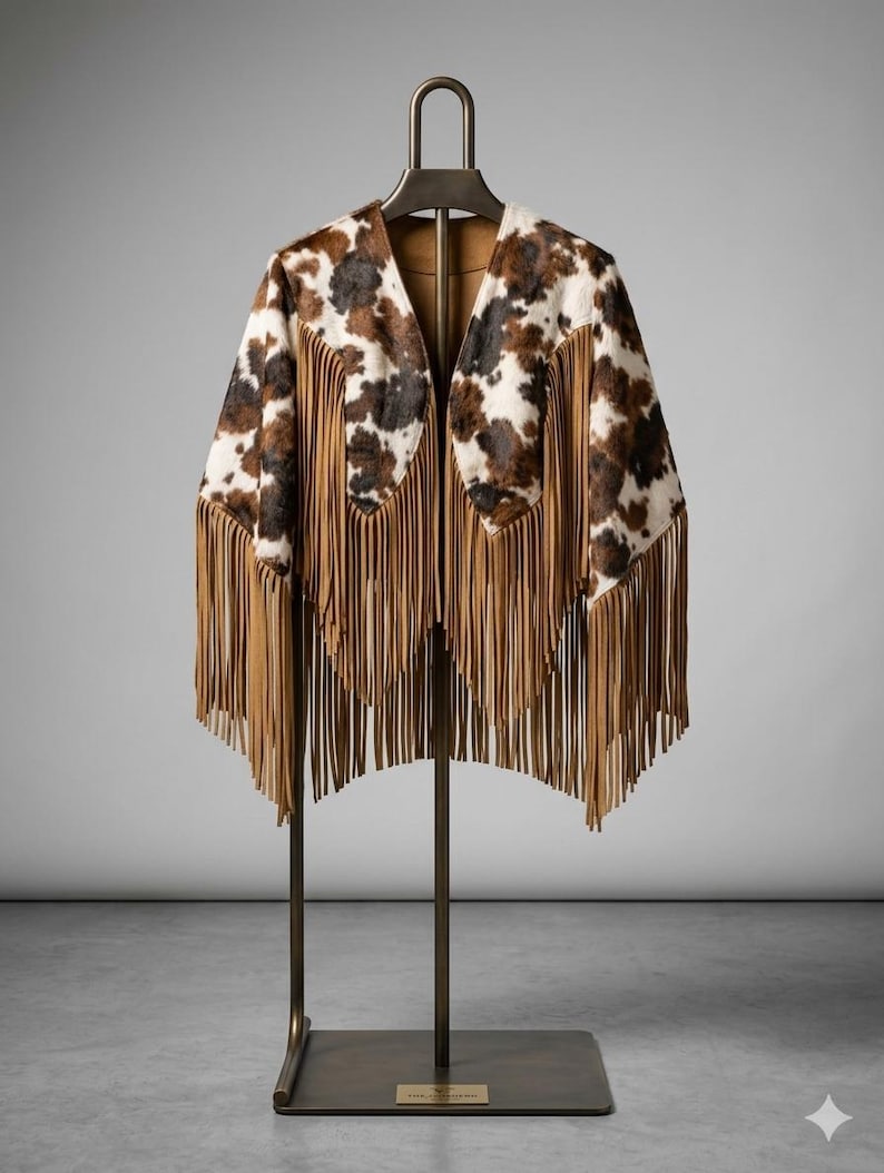 Professional studio image of a Western-style cowhide and suede fringed cape displayed on an elegant bronze garment stand. The cape features a brown and white hair-on-hide print and a V-neckline with long tan suede tassels. The background is a neutral grey with a concrete floor