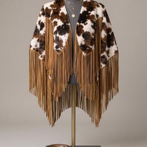 Cowhide Fringe Cape – Western Leather Poncho – Boho Cow Print Shawl – Handmade Statement Cape image 8