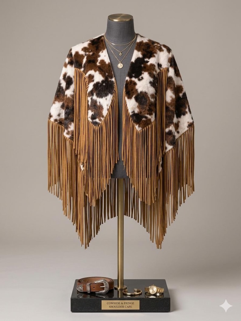 Cowhide Fringe Cape – Western Leather Poncho – Boho Cow Print Shawl – Handmade Statement Cape image 8