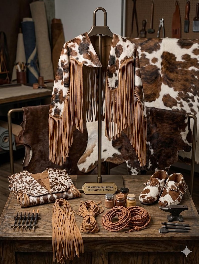 Cowhide Fringe Cape – Western Leather Poncho – Boho Cow Print Shawl – Handmade Statement Cape image 9