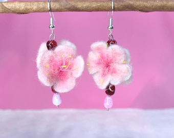 Handmade Felt Cherry Blossom Earrings, Sakura Wool Floral Jewelry