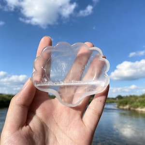 Peut inclure: Un objet transparent en forme de coquillage, taillé dans un cristal poli. La pièce présente un bord festonné lisse et une ligne de fracture interne horizontale distincte, créant une couche blanche texturée visible dans le matériau.