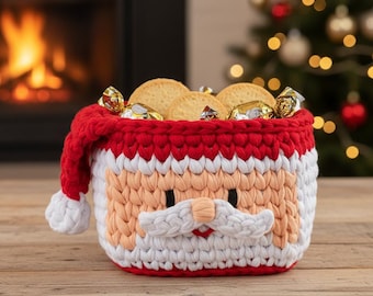 Schema per cestino di Babbo Natale all'uncinetto in formato PDF, ciotola per decorazioni natalizie, cestino regalo fai da te per le feste, contenitore per caramelle