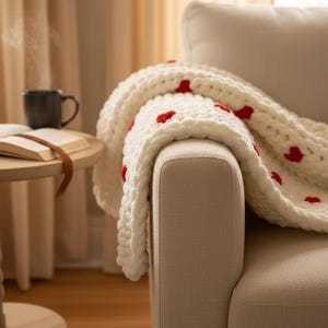 May include: A cream-colored, chunky knit blanket with red heart accents draped over the arm of a beige sofa. A dark mug sits on a small wooden side table next to an open book. The scene evokes a cozy, warm atmosphere.