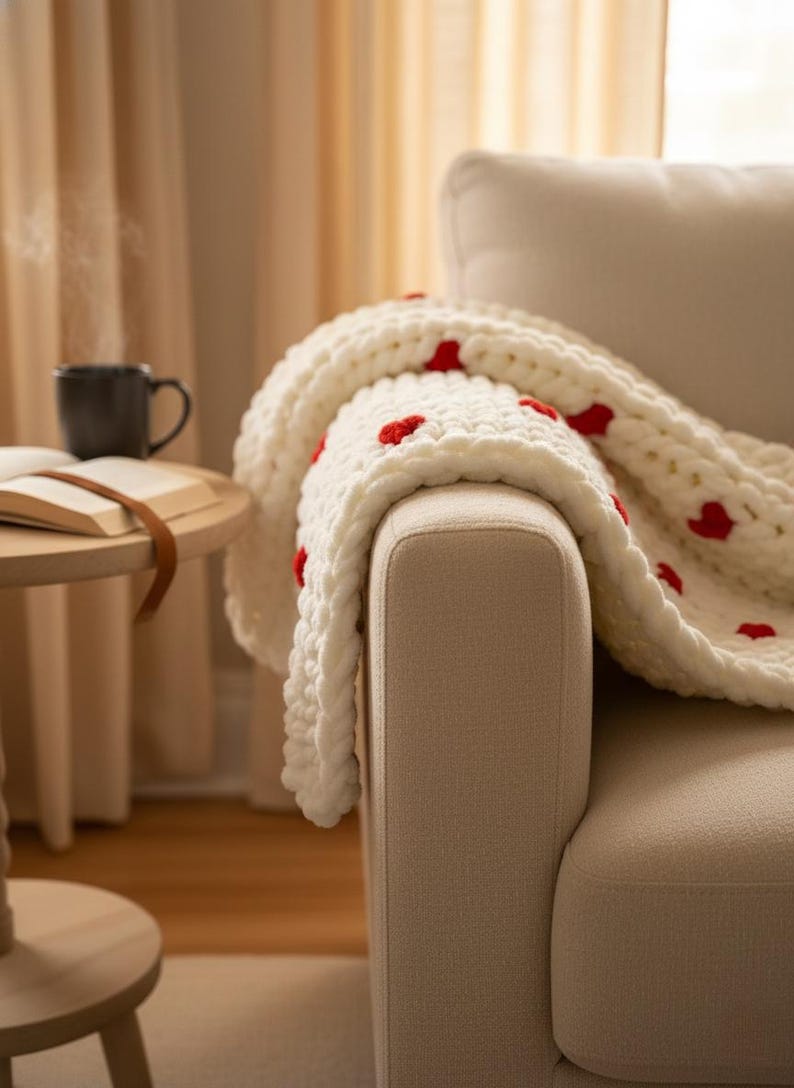 May include: A cream-colored, chunky knit blanket with red heart accents draped over the arm of a beige sofa. A dark mug sits on a small wooden side table next to an open book. The scene evokes a cozy, warm atmosphere.