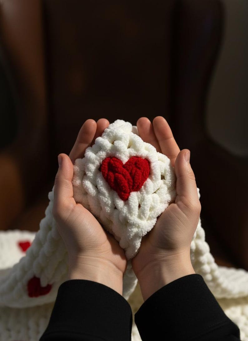 May include: A white, chunky-knit blanket with a large, red heart in the center. The blanket is held in cupped hands, with a black sleeve visible at the bottom. The blanket appears soft and cozy, perfect for Valentine's Day or a gift.