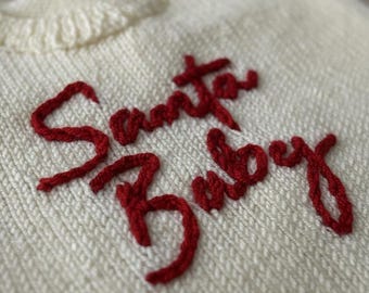 Hand Embroidered Santa Baby Sweater Set, Knitted Newborn Christmas Outfit, Baby Shower Gift, Holiday Baby Clothes, Coming Home Outfit