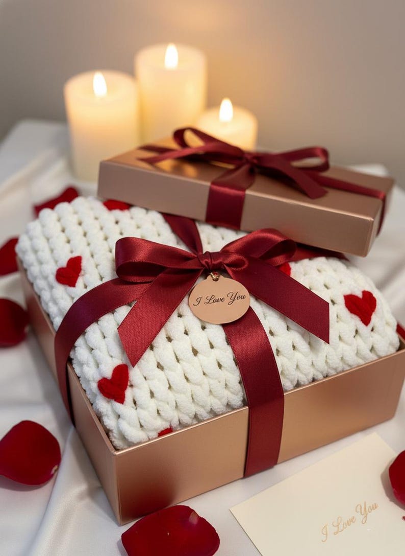 May include: A gift box with a white knitted blanket featuring red heart accents, tied with a burgundy ribbon and a tag that says "I Love You". A smaller box sits on top, also tied with a burgundy ribbon. Lit candles and rose petals complete the romantic scene.