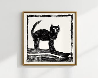 Vintage cat block print | black and white cat illustration | linocut style | Printable wall art | Digital download
