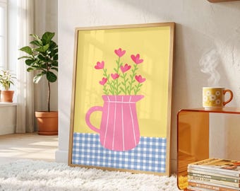 Pink Flowers in Vase Print: Modern Botanical Wall Art (Digital Download A1-A5 Sizes)