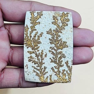 May include: A rectangular stone with a light beige background and intricate golden-brown fern-like patterns. The stone is held in a hand, showcasing its natural texture and unique design. The stone's shape is rectangular with rounded corners.