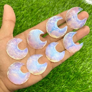 Può includere: Sette pietre iridescenti a forma di mezzaluna nei toni del rosa, blu e bianco sono esposte in una mano. Le pietre hanno una qualità traslucida e un aspetto liscio e lucido. Lo sfondo è di un verde vibrante.