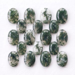 Pu&ograve; includere: Una collezione di quindici cabochon di agata muschiata di forma ovale disposti in una griglia. Ogni pietra lucidata presenta una base bianca traslucida con distinte inclusioni dendritiche verde scuro che creano motivi organici unici.