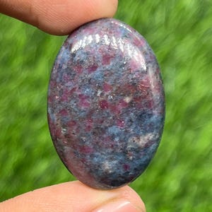 Peut inclure: Pierre précieuse ovale polie. La pierre présente un mélange de couleurs, notamment du rouge profond, du bleu et du gris. La pierre est tenue entre deux doigts sur un fond vert flou. La surface de la pierre a un aspect moucheté.