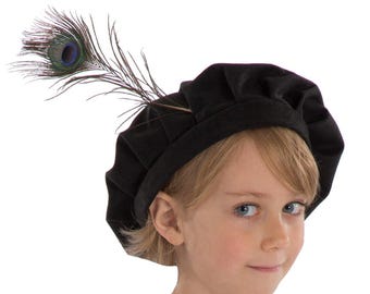 3-8 Yrs | Black Tudor / Elizabethan hat for kids with feather