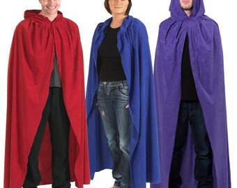 Adult hooded cloak fancy dress costume. Blue, Red and Purple.
