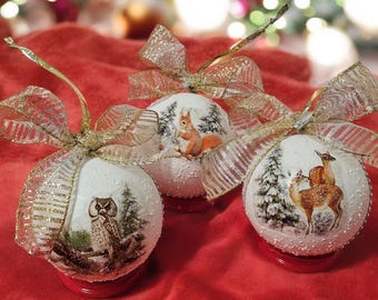 Handmade Decoupage Christmas Baubles – Woodland Animal Winter Decor