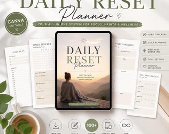 Planificador de reinicio diario Canva: rastreador de hábitos y planificador de productividad editable