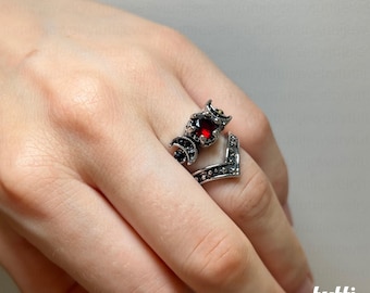 Gothic Moonstone Ring Set, Celestial Garnet Ring