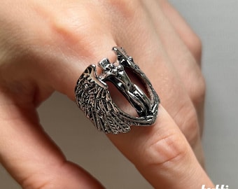 Gotische ring met engelenvleugels, verstelbare motorring