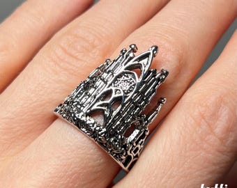 Anello medievale con cattedrale gotica, gioielli gotici, anello con castello