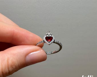 Gothic Heart Garnet Ring, 925 Sterling Silver, Punk Y2K