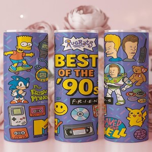 May include: Three purple insulated tumblers with a 90s theme. Each tumbler features cartoon characters and the text "Best of the '90s". The designs include Bart Simpson, Sonic the Hedgehog, and characters from Rugrats, Beavis and Butt-Head, and Saved by the Bell.