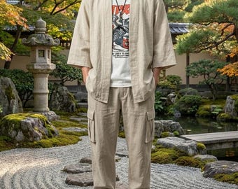 Cotton Linen Kimono Jacket Men’s Haori Noragi Lightweight Japanese Cardigan