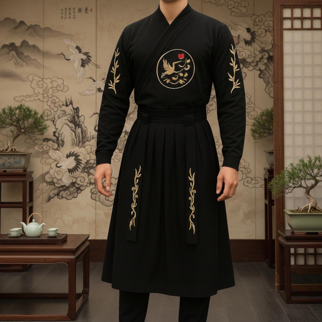 Men's Black Kimono Robe Gold Embroidery Traditional Japanese Yukata ...